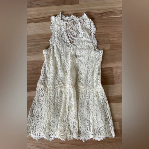 Free people Victorian Ivory Lace drop waist V-neck sleeveless mini dress Size M - Picture 4 of 12